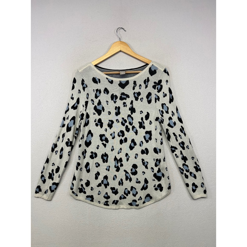 Animal Print Leopard Chico's Womens Size 1 M Cream Blue Long Sleeve Sweater